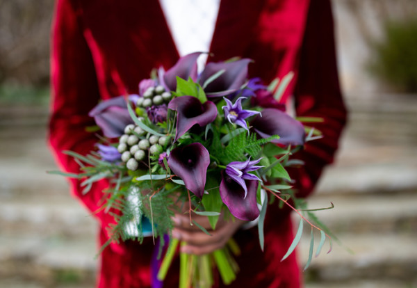 Purple lily wedding bouquet