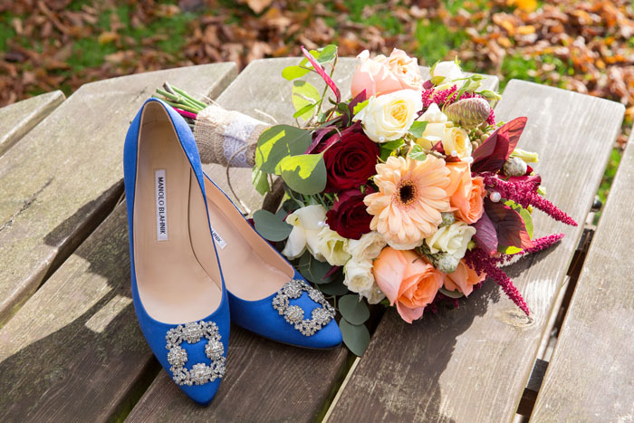 bridal shoes and bouquet