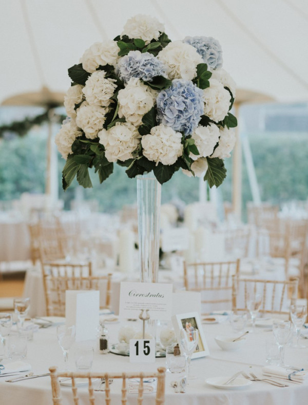 White and blue hydrangea centrepiece by Emily & Me
